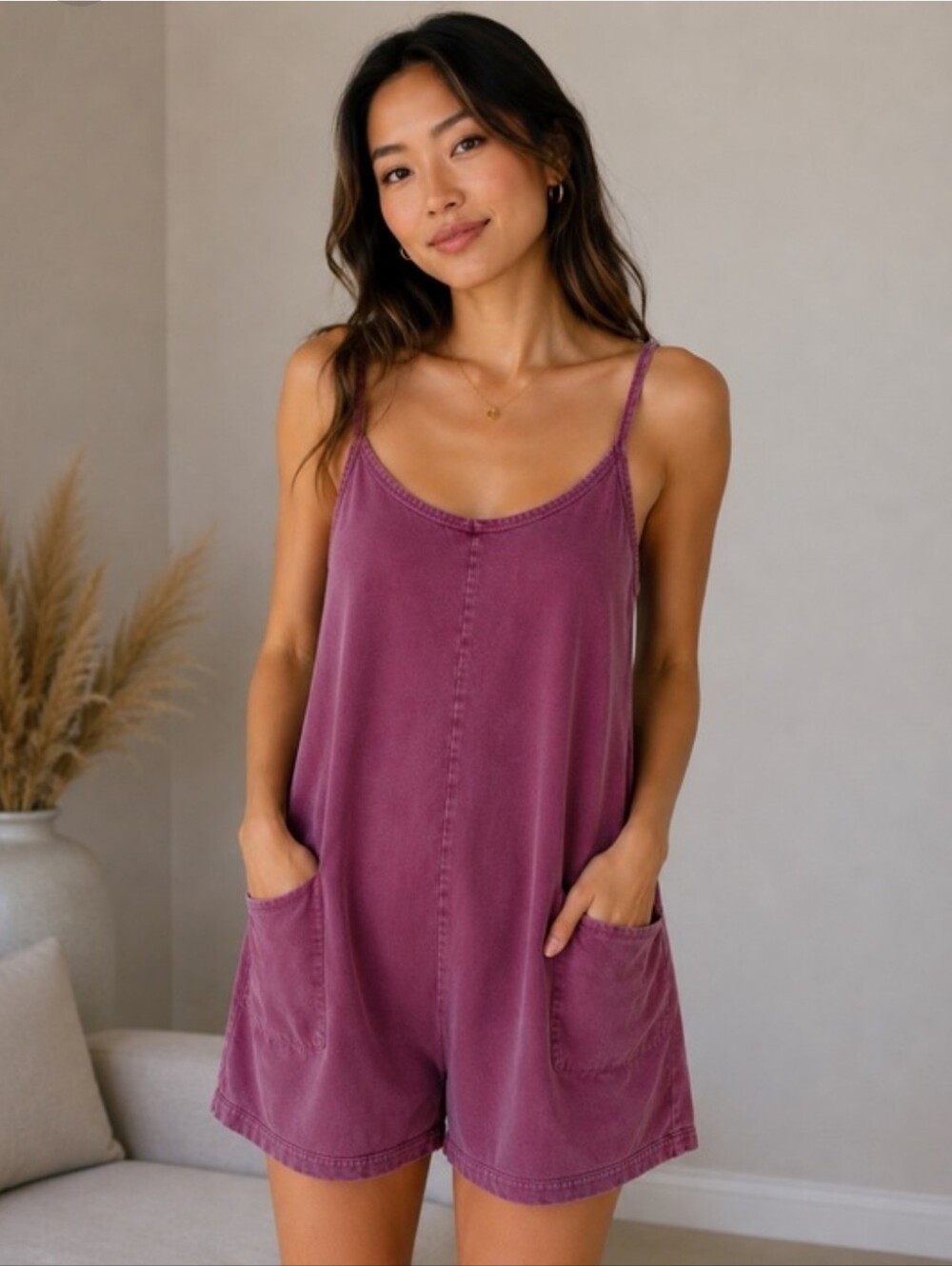 Sundry Plum Purple Spaghetti-Strap Romper NWT